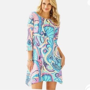 Lilly Pulitzer Edna Dress in Tile Wave Reduced print 3/4 sleeves boat neckline